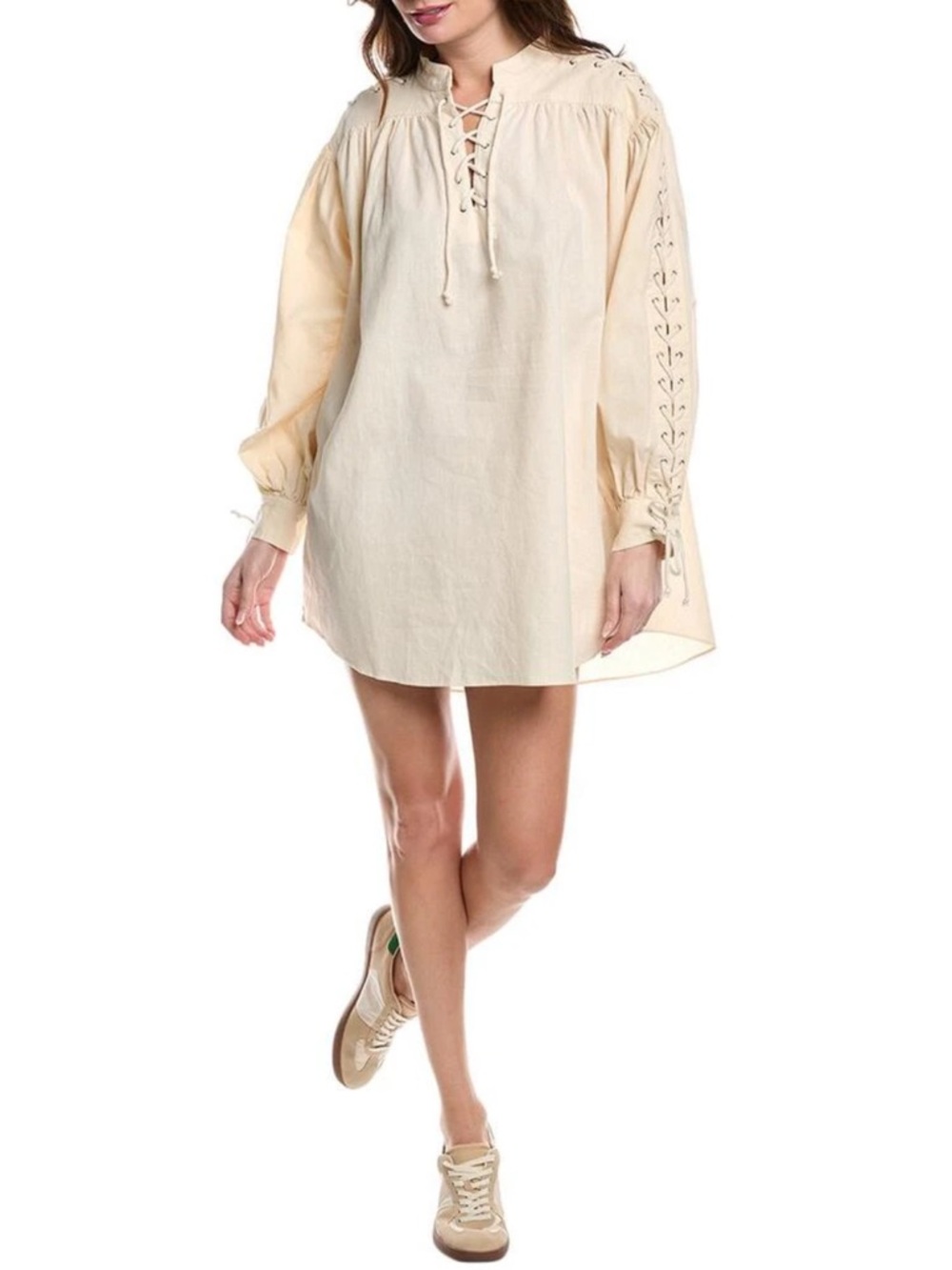 Re/Done Pirate Dress Linen Cotton Mini Ivory Large Boho Braided Long Sleeves